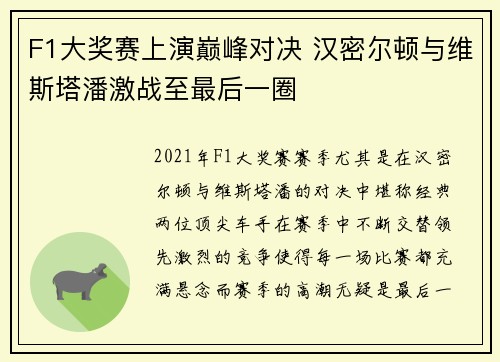 F1大奖赛上演巅峰对决 汉密尔顿与维斯塔潘激战至最后一圈 F1大奖赛上演巅峰对决 汉密尔顿与维斯塔潘激战至最后一圈