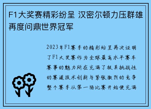 F1大奖赛精彩纷呈 汉密尔顿力压群雄再度问鼎世界冠军 F1大奖赛精彩纷呈 汉密尔顿力压群雄再度问鼎世界冠军