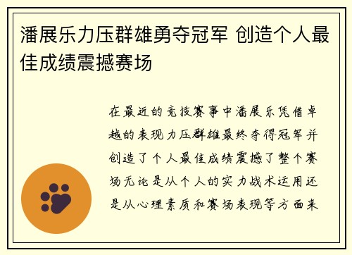 潘展乐力压群雄勇夺冠军 创造个人最佳成绩震撼赛场