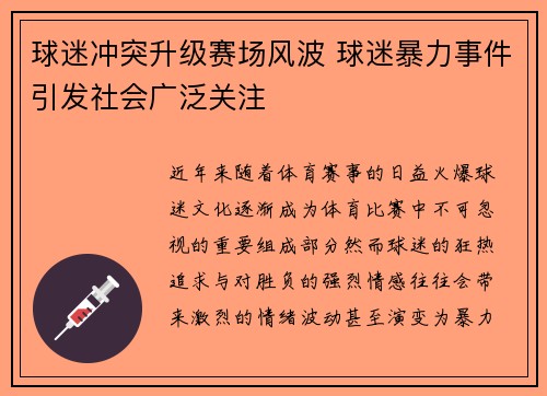 球迷冲突升级赛场风波 球迷暴力事件引发社会广泛关注 球迷冲突升级赛场风波 球迷暴力事件引发社会广泛关注
