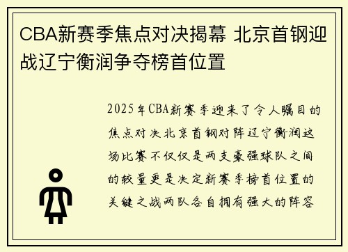 CBA新赛季焦点对决揭幕 北京首钢迎战辽宁衡润争夺榜首位置 CBA新赛季焦点对决揭幕 北京首钢迎战辽宁衡润争夺榜首位置